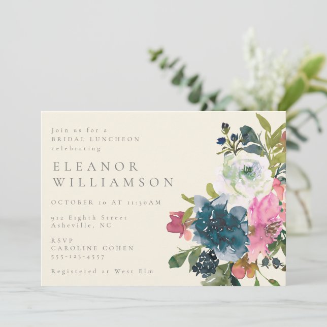 Pretty Watercolor Boho Blue Floral Bridal Luncheon Invitation (Standing Front)