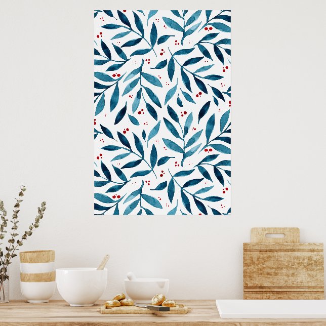 Pretty watercolor branches - turquoise and red poster (Kitchen)