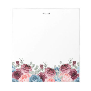 Pretty Watercolor Burgundy and Blue Flowers Notepad