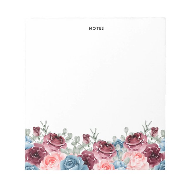 Pretty Watercolor Burgundy and Blue Flowers  Notepad (Front)