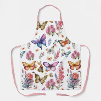 Pretty Watercolor Butterfly Floral Garden Pattern Apron