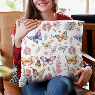 Pretty Watercolor Butterfly Floral Garden Pattern Cushion