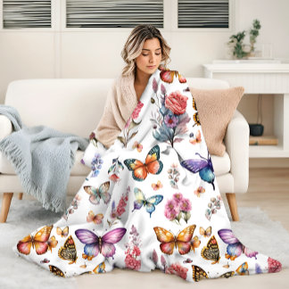 Pretty Watercolor Butterfly Floral Garden Pattern Fleece Blanket
