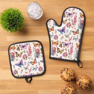 Pretty Watercolor Butterfly Floral Garden Pattern Oven Mitt & Pot Holder Set
