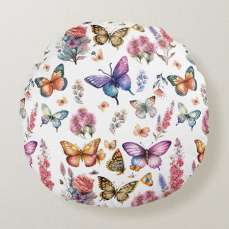 Pretty Watercolor Butterfly Floral Garden Pattern Round Cushion