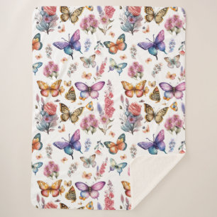 Pretty Watercolor Butterfly Floral Garden Pattern Sherpa Blanket