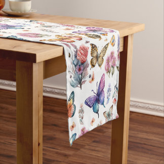 Pretty Watercolor Butterfly Floral Garden Pattern Short Table Runner