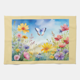 Pretty Watercolor Butterfly in Butterfly Garden Tea Towel