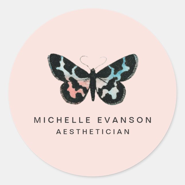 Pretty Watercolor Butterfly Logo Blush Pink Classic Round Sticker (Front)