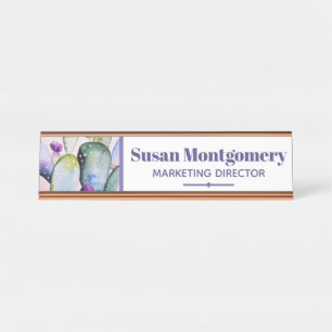 Pretty Watercolor Cactus & Blossoms Personalised Desk Name Plate
