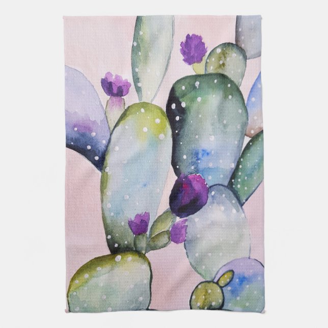 Pretty Watercolor Cactus & Blossoms Tea Towel (Vertical)