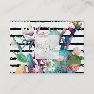 Pretty watercolor cactus floral and stripes design business card