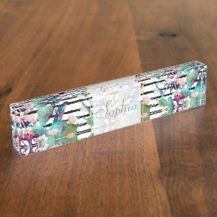 Pretty watercolor cactus floral and stripes design nameplate