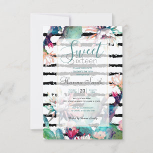 Pretty Watercolor Cactus Floral Black Stripes Invitation