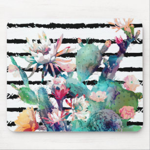 Pretty Watercolor Cactus Floral Black Stripes Mouse Pad