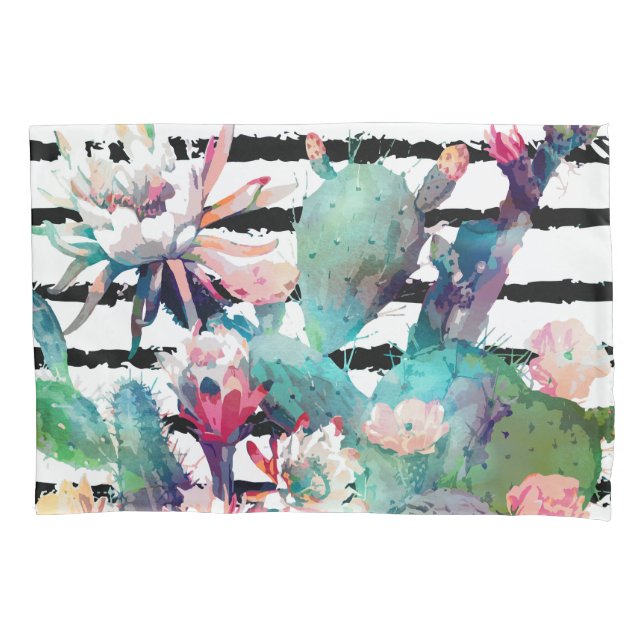 Pretty Watercolor Cactus Floral Black Stripes Pillowcase (Front)