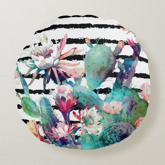 Pretty Watercolor Cactus Floral Black Stripes Round Cushion (Front)