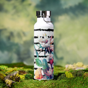Pretty Watercolor Cactus Floral Black Stripes Water Bottle