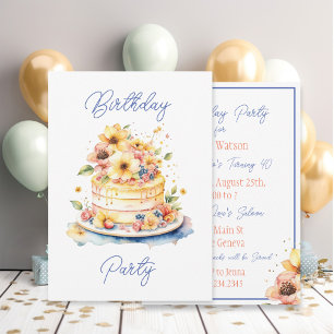 Pretty Watercolor Cake and Flowers Birthday Invitation
