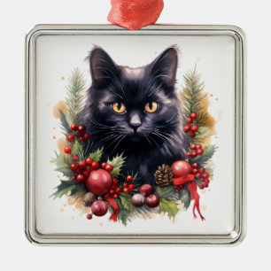 PRETTY WATERCOLOR CHRISTMAS BLACK CAT METAL ORNAMENT