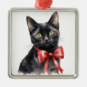 PRETTY WATERCOLOR CHRISTMAS BLACK CAT METAL ORNAMENT