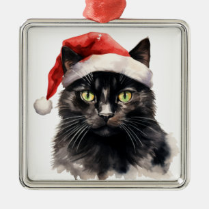 PRETTY WATERCOLOR CHRISTMAS BLACK CAT METAL ORNAMENT