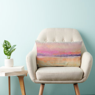Pretty Watercolor Coastline Beach Sunset Lumbar Cushion
