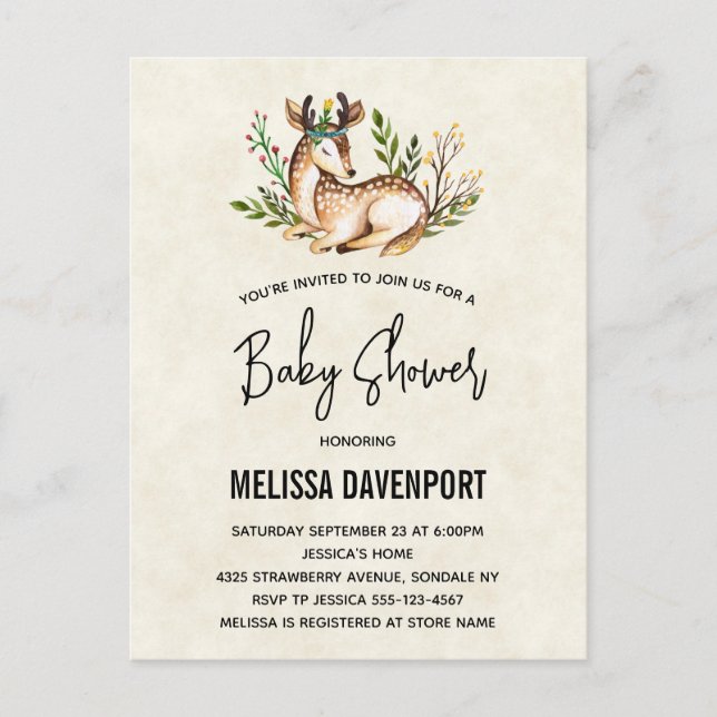 Pretty Watercolor Deer Laying Down Baby Shower Postcard (Front)