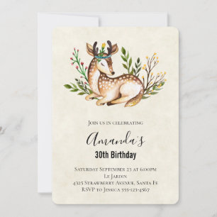 Pretty Watercolor Deer Laying Down Birthday Invitation