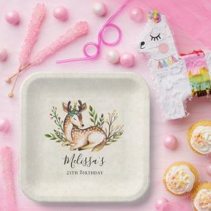 Pretty Watercolor Deer Laying Down Boho Birthday Paper Plate