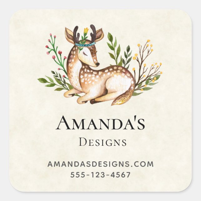 Pretty Watercolor Deer Laying Down Boho Business Square Sticker (Front)