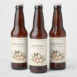 Pretty Watercolor Deer Laying Down Boho Christmas Beer Bottle Label