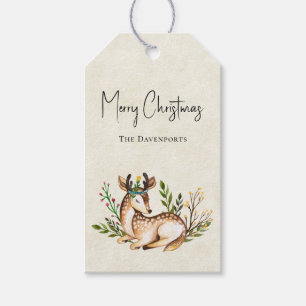 Pretty Watercolor Deer Laying Down Boho Christmas Gift Tags