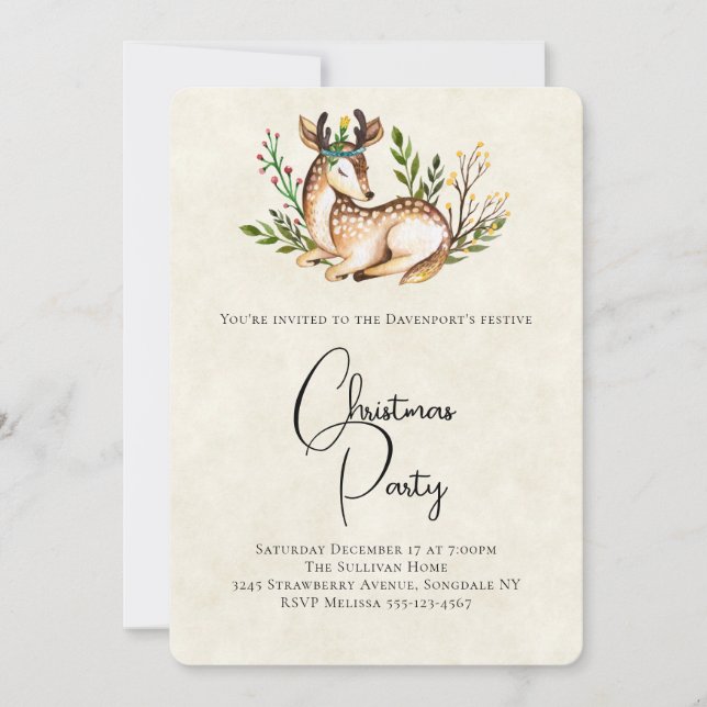 Pretty Watercolor Deer Laying Down Boho Christmas Invitation (Front)