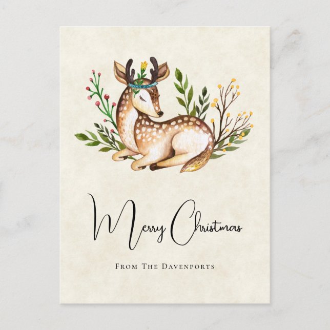 Pretty Watercolor Deer Laying Down Boho Christmas Postcard (Front)