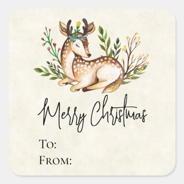 Pretty Watercolor Deer Laying Down Boho Christmas Square Sticker (Front)