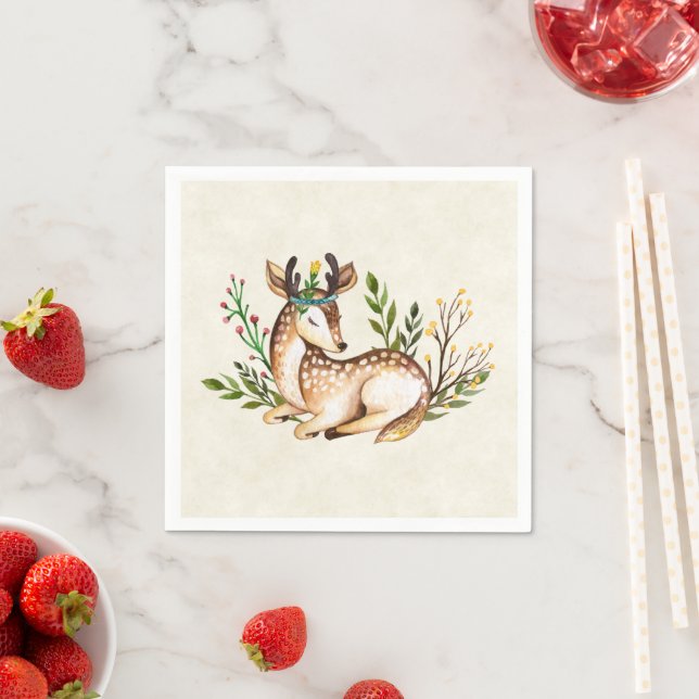 Pretty Watercolor Deer Laying Down Boho Napkin (Insitu)