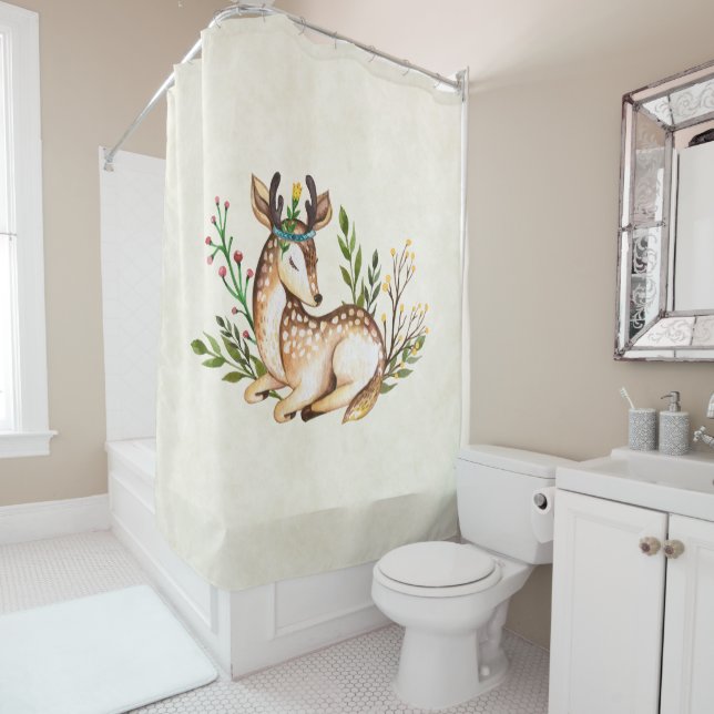 Pretty Watercolor Deer Laying Down Boho Shower Curtain (In Situ)