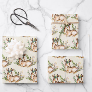 Pretty Watercolor Deer Laying Down Boho Wrapping Paper Sheet