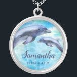 Pretty Watercolor Dolphins | Name and Verse Silver Plated Necklace<br><div class="desc">This beautiful necklace features watercolor painted dolphins and a verse reference (Isaiah 43:2).  Includes a text template for personalisation!</div>