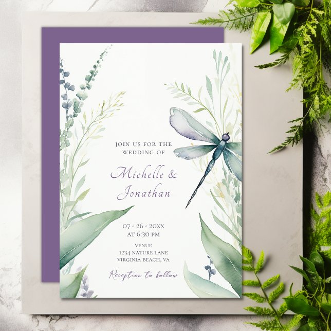 Pretty Watercolor Dragonfly and Greenery Wedding Invitation (Pretty Watercolor Dragonfly and Greenery Wedding Invitation)