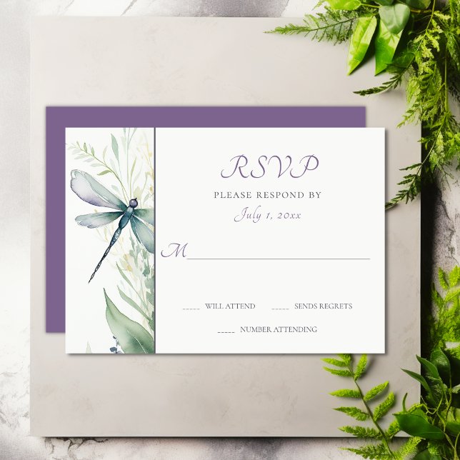 Pretty Watercolor Dragonfly and Greenery Wedding RSVP Card (Pretty Watercolor Dragonfly and Greenery Wedding RSVP Card)