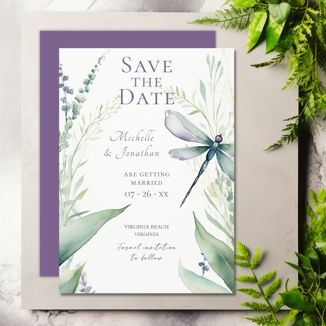 Pretty Watercolor Dragonfly and Greenery Wedding Save The Date (Pretty Watercolor Dragonfly and Greenery Wedding Save The Date)
