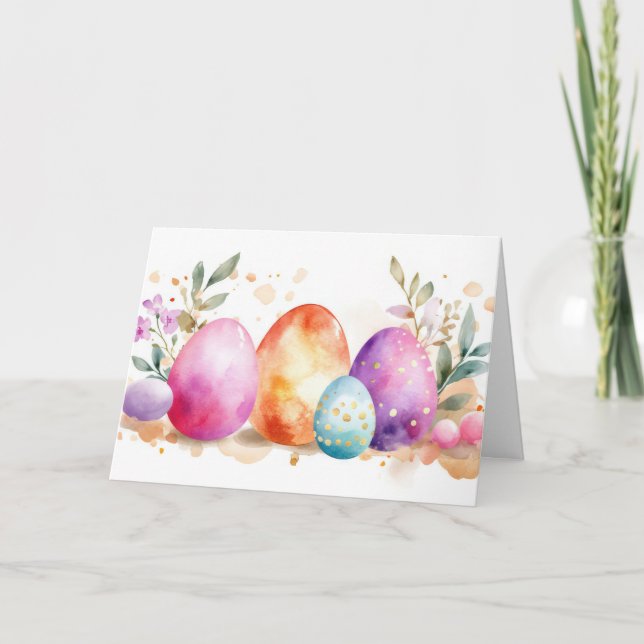 Pretty Watercolor Easter Eggs Holiday Card (Front)
