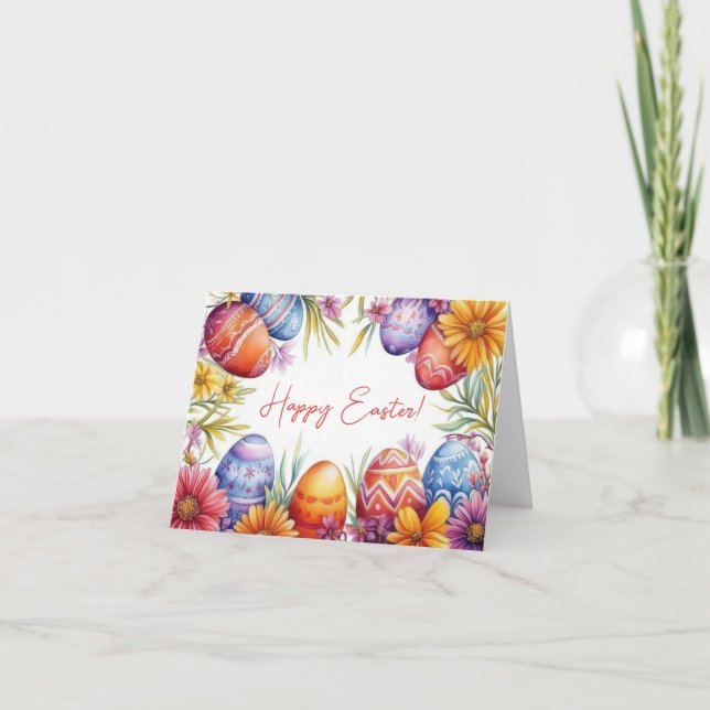 Pretty Watercolor Easter Eggs Holiday Card (Front)