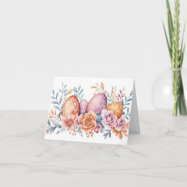 Pretty Watercolor Easter Eggs Holiday Card (Front)
