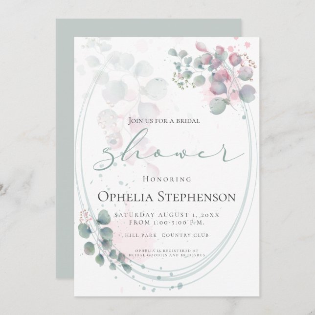 Pretty Watercolor Eucalyptus Foliage Bridal Shower Invitation (Front/Back)