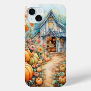 PRETTY WATERCOLOR FALL AUTUMN BARN & PUMPKINS iPhone 15 MINI CASE