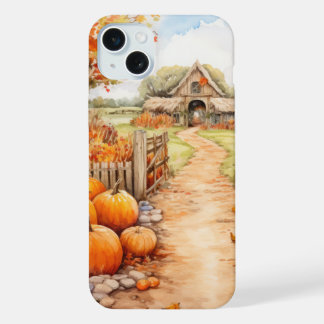 PRETTY WATERCOLOR FALL AUTUMN BARN & PUMPKINS iPhone 15 PLUS CASE