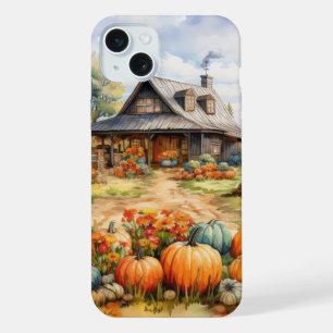 PRETTY WATERCOLOR FALL AUTUMN BARN & PUMPKINS iPhone 15 PLUS CASE